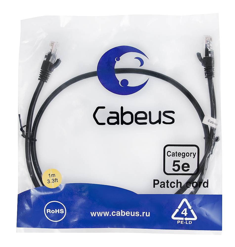 Cabeus PC-UTP-RJ45-Cat.5e-1m-BK Патч-корд U/UTP, категория 5е, 2xRJ45/8p8c, неэкранированный, черный, PVC, 1м - купить с доставкой по России