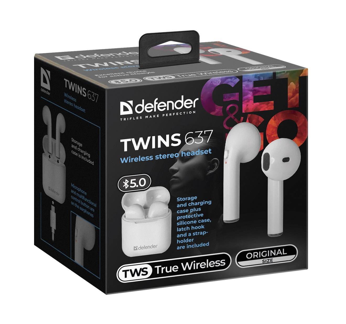 Defender Беспроводная гарнитура Twins 637,TWS, Bluetooth, зарядный кейс, белый.