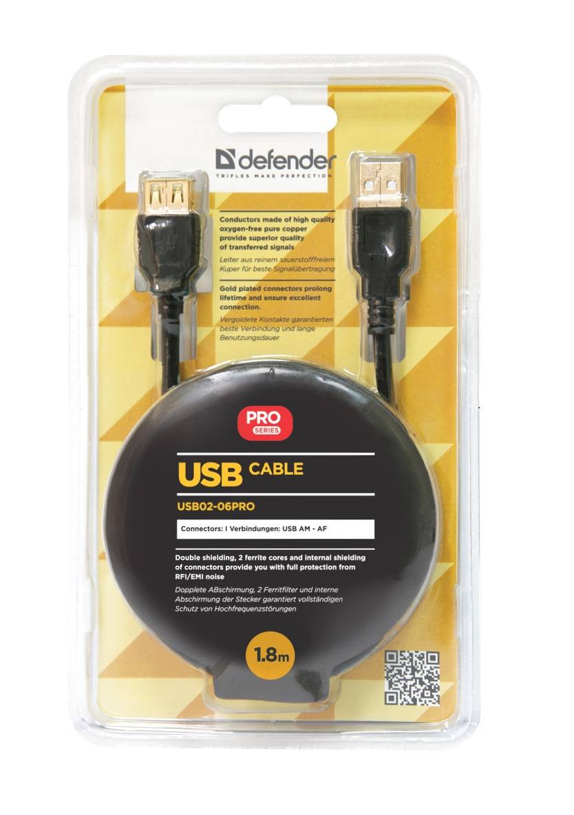 Кабель Defender USB2.0 AM-AF, (удлинительный), блистер, зол.конт., 2фер.фил. (PROFESSIONAL SERIES), 1.8м