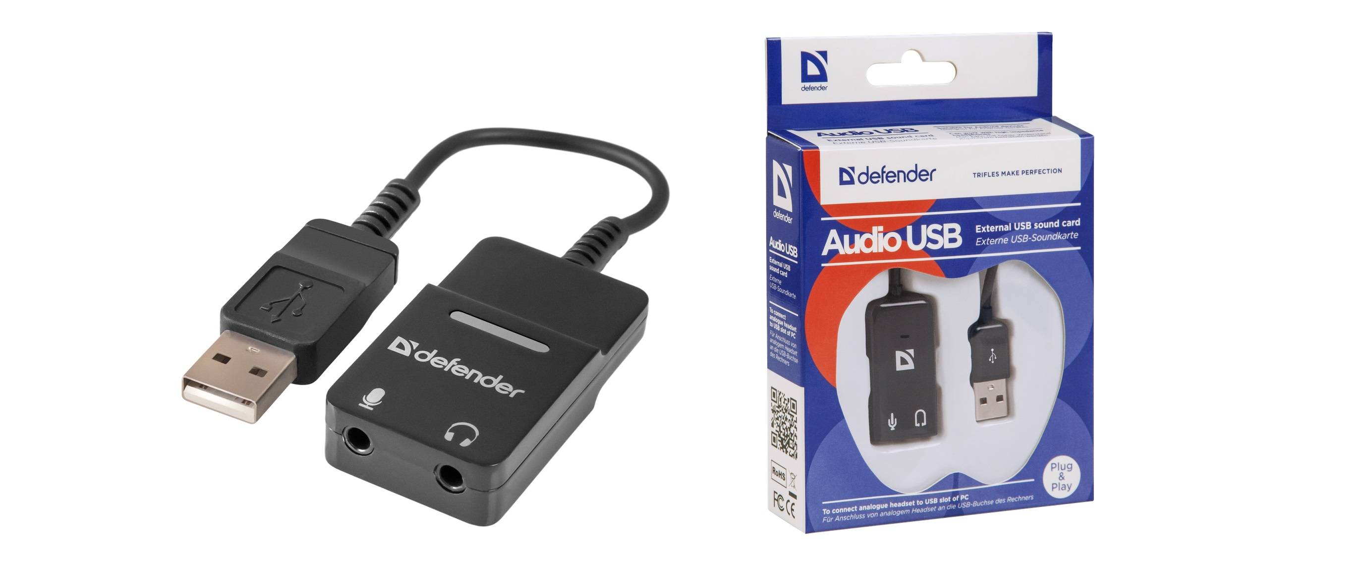 Кабель-переходник Defender / Аудиовход: 2 X 3.5 мм Jack/ Аудиовыход: USB / встроенная звуковая карта.