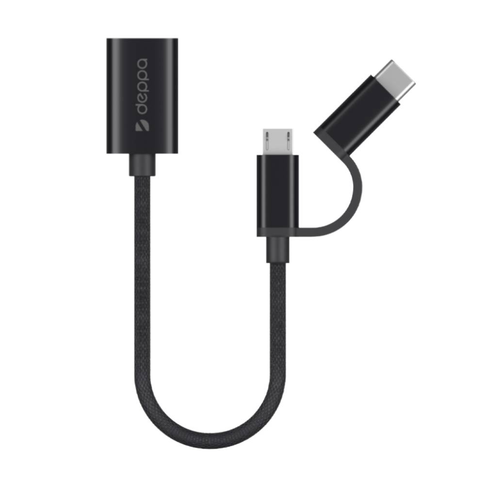 Deppa OTG адаптер USB — Micro USB + USB-C, алюминий, нейлон, 0.15 м, черный