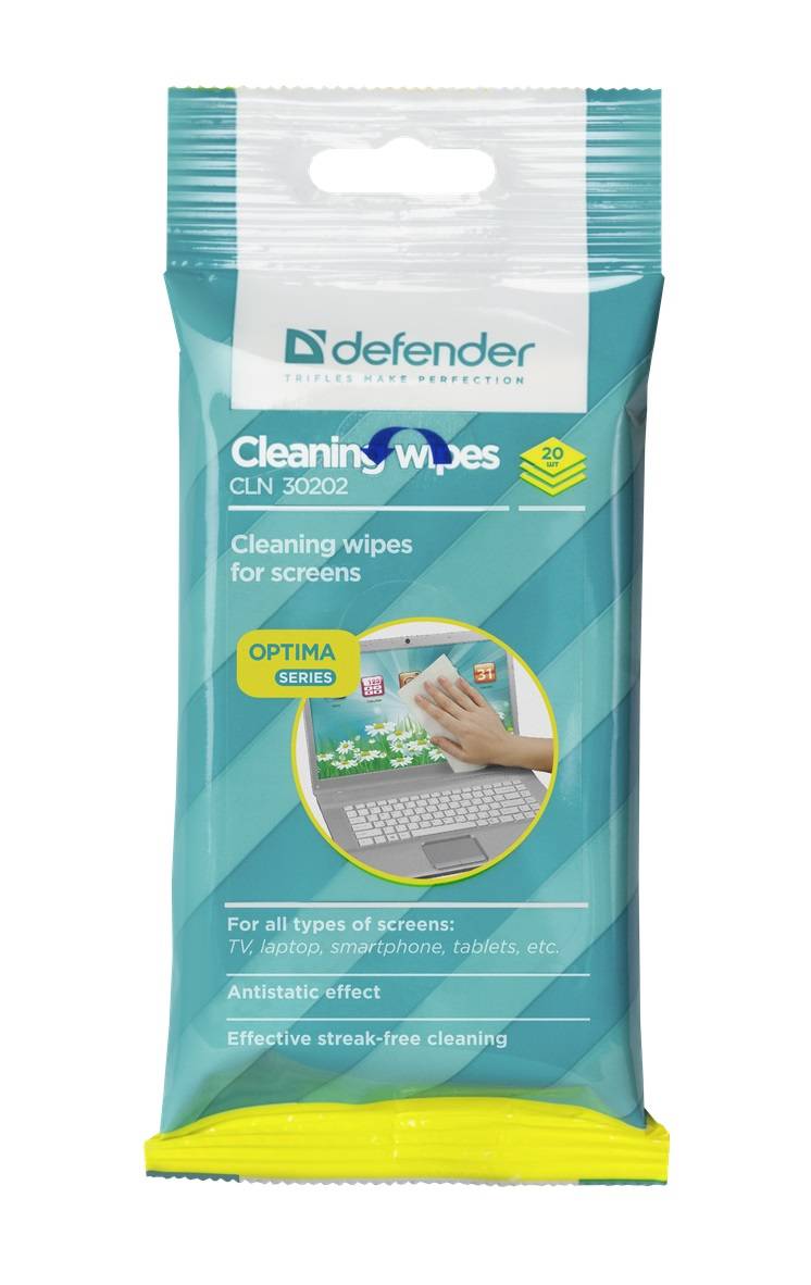 Чистящие салфетки Defender CLN 30202 Optima для экранов / мягкая упаковка с подвесом / 20 шт / Россия.