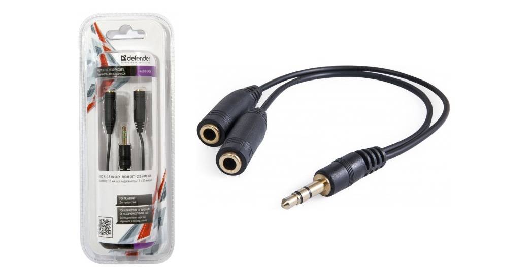 Разветвитель для 2 пар наушников Defender Audio Jack / Аудиовход: 3.5 мм Jack/ Аудиовыход: 2 X 3.5 мм / 12 см / черный.