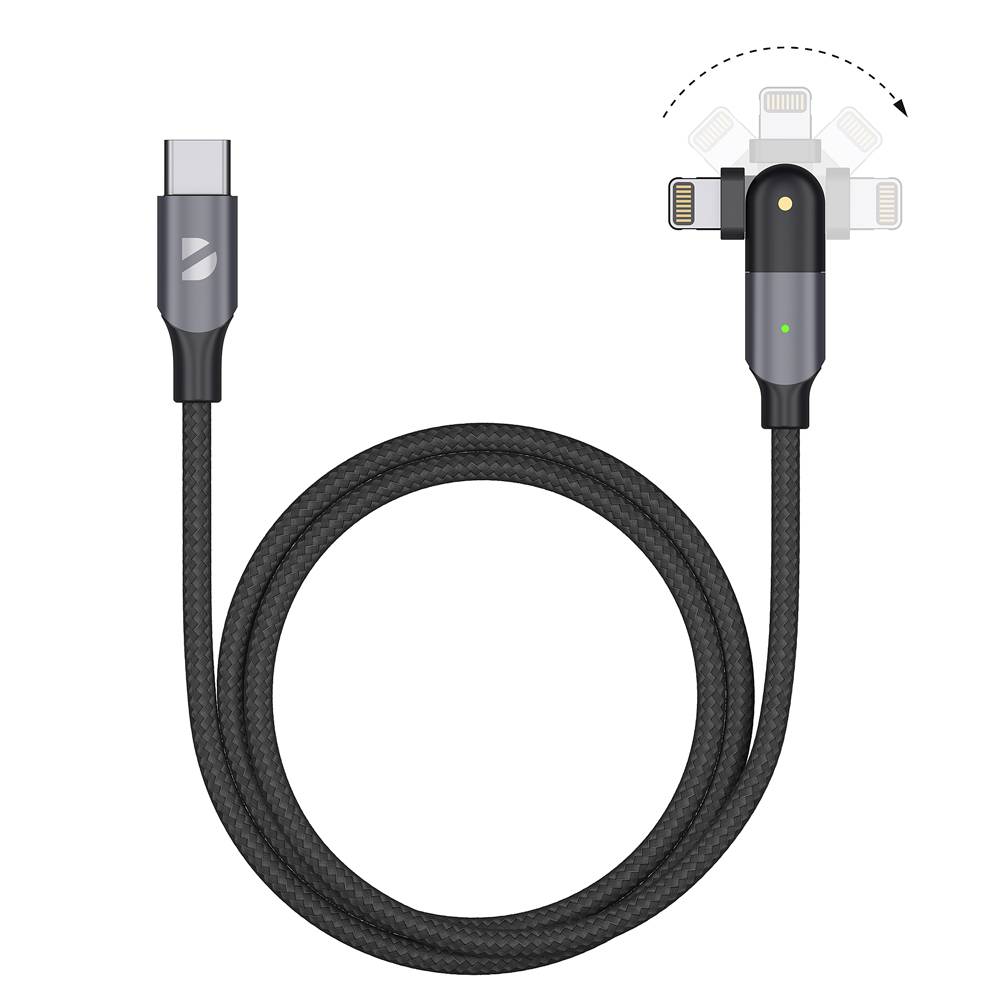Deppa Дата-кабель USB-C — Lightning, поворотный, 180?, PD, USB 2.0, 3A, 1.2м, алюминий, нейлон, черный