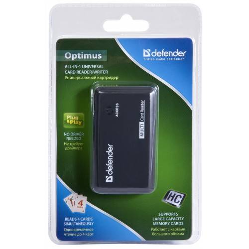 Кардридер Defender  OPTIMUS, до 4 типов карт одновременно + кабель USB 2.0 A(M) — MiniB (M) длина 1 м.