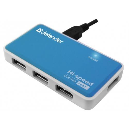 Разветвитель Defender  QUADRO POWER USB2.0 — 4 порта, + блок питания DC 5В…2А, + кабель USB 2.0 A(M) — MiniB (M) — 1м