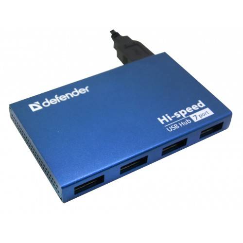 Разветвитель Defender  SEPTIMA SLIM USB2.0 — 7 портов, + блок питания DC 5В…2А, + кабель USB 2.0 A(M) — MiniB (M) — 1м