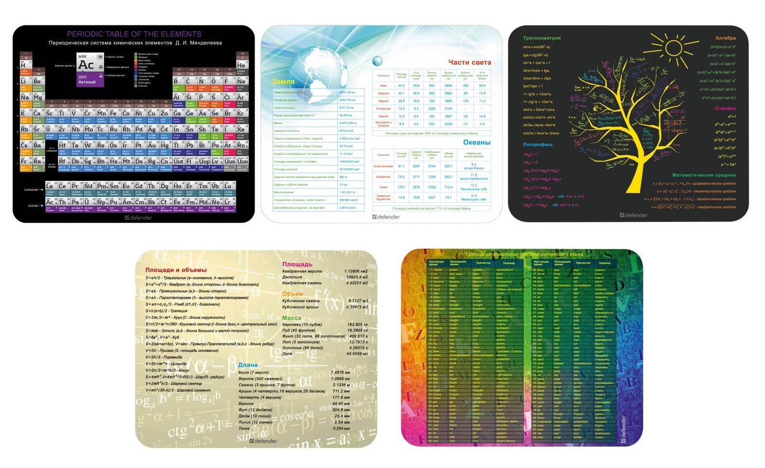 Коврик пластиковый Defender School / ультратонкие коврики с полезными принтами / 240 X 190 X 0,4 мм / Ассорти — 5 видов.