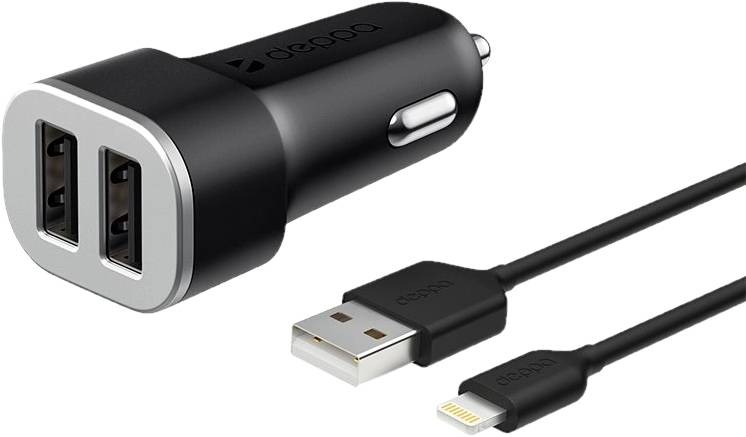 Deppa АЗУ 2 USB 2.4А + кабель Lightning, MFI, черный