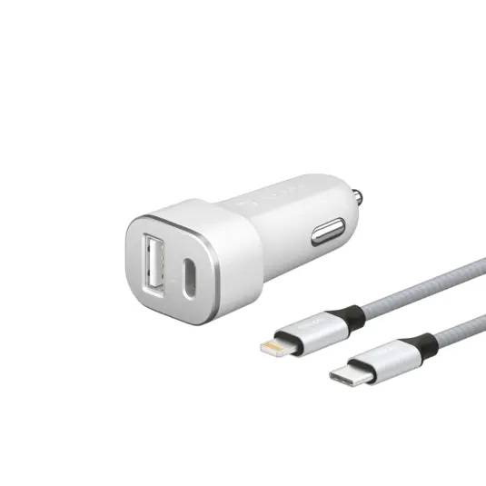 Deppa АЗУ USB Type-C + USB A, PD 3.0, 18Вт, дата-кабель USB-C — Lightning (MFI) нейлон, Ultra,белый.