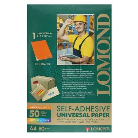Самоклеящаяся цветная бумага LOMOND для этикеток, неоновая, оранжевая, A4, (210 X 297 мм), 78 г/м2, 50 листов