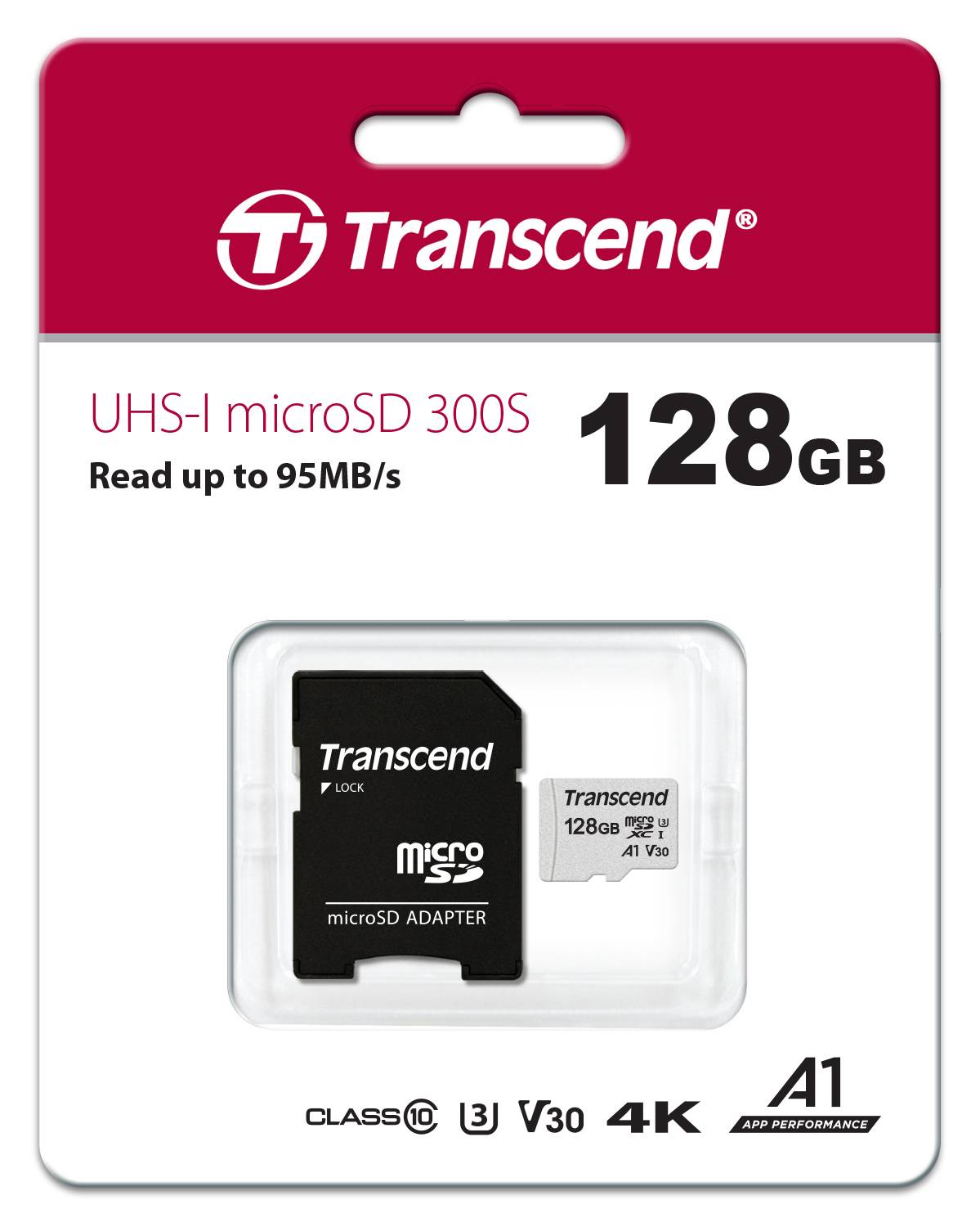 Флеш карта MicroSD 128GB Transcend MicroSDXC Class 10 UHS-I U3, V30, A1, (SD адаптер), TLC