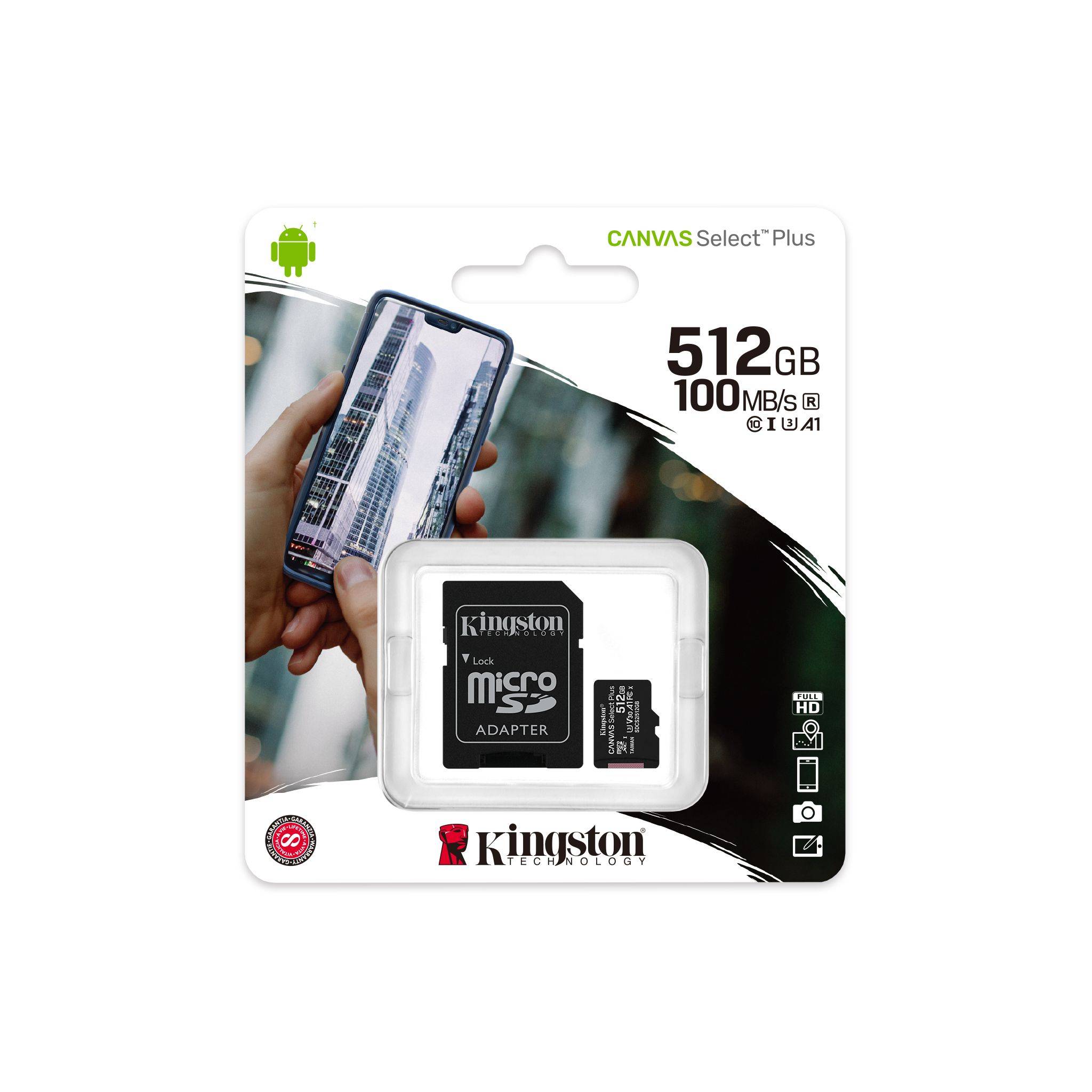 Флеш карта microSD 512GB Kingston microSDXC Class 10 UHS-I U3 Canvas Select Plus (SD адаптер) 100MB/s - картинка товара Флеш карта microSD 512GB Kingston microSDXC Class 10 UHS-I U3 Canvas Select Plus (SD адаптер) 100MB/s - купить с доставкой по России