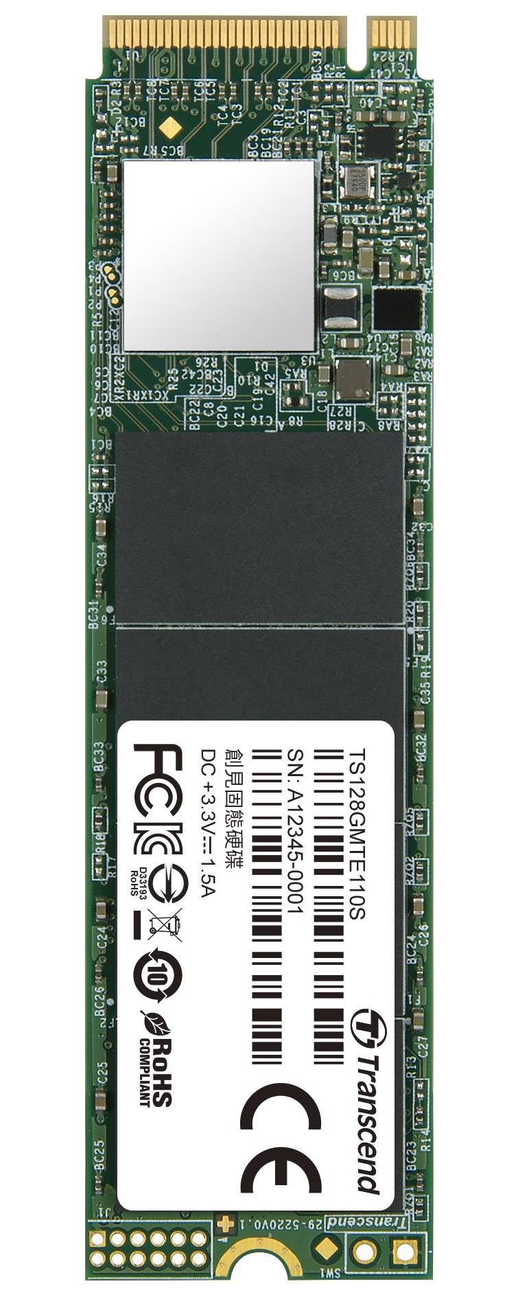 Твердотельный диск 128GB Transcend MTE110S, 3D TLC NAND, M.2 2280,PCIe Gen3x4, DRAM-less