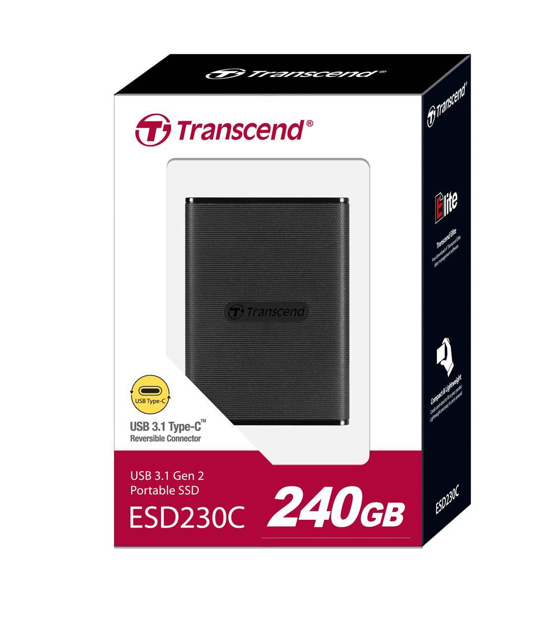 Твердотельный диск 240GB Transcend ESD230C, USB3.1 Gen 2, Type-C, пластик, черный, [R/W — 520/460 MB/s]