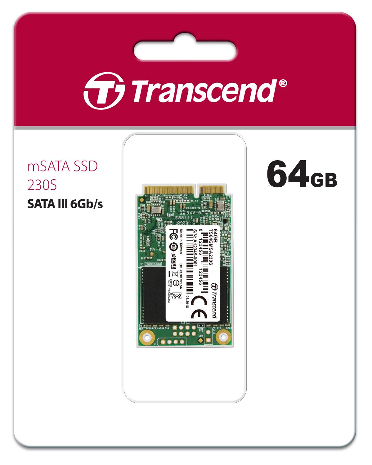 Твердотельный диск 64GB Transcend MSA230S, MSATA, SATA III, 3D TLC [ R/W — 200/390 MB/s]
