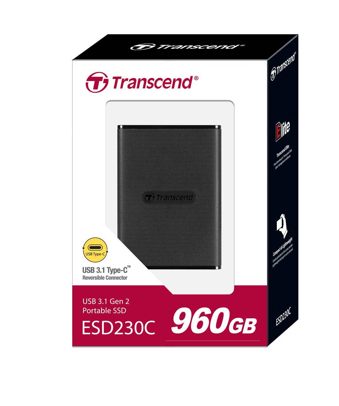Твердотельный диск 960GB Transcend ESD230C, USB3.1 Gen 2, Type-C, пластик, черный, [R/W — 520/460 MB/s]