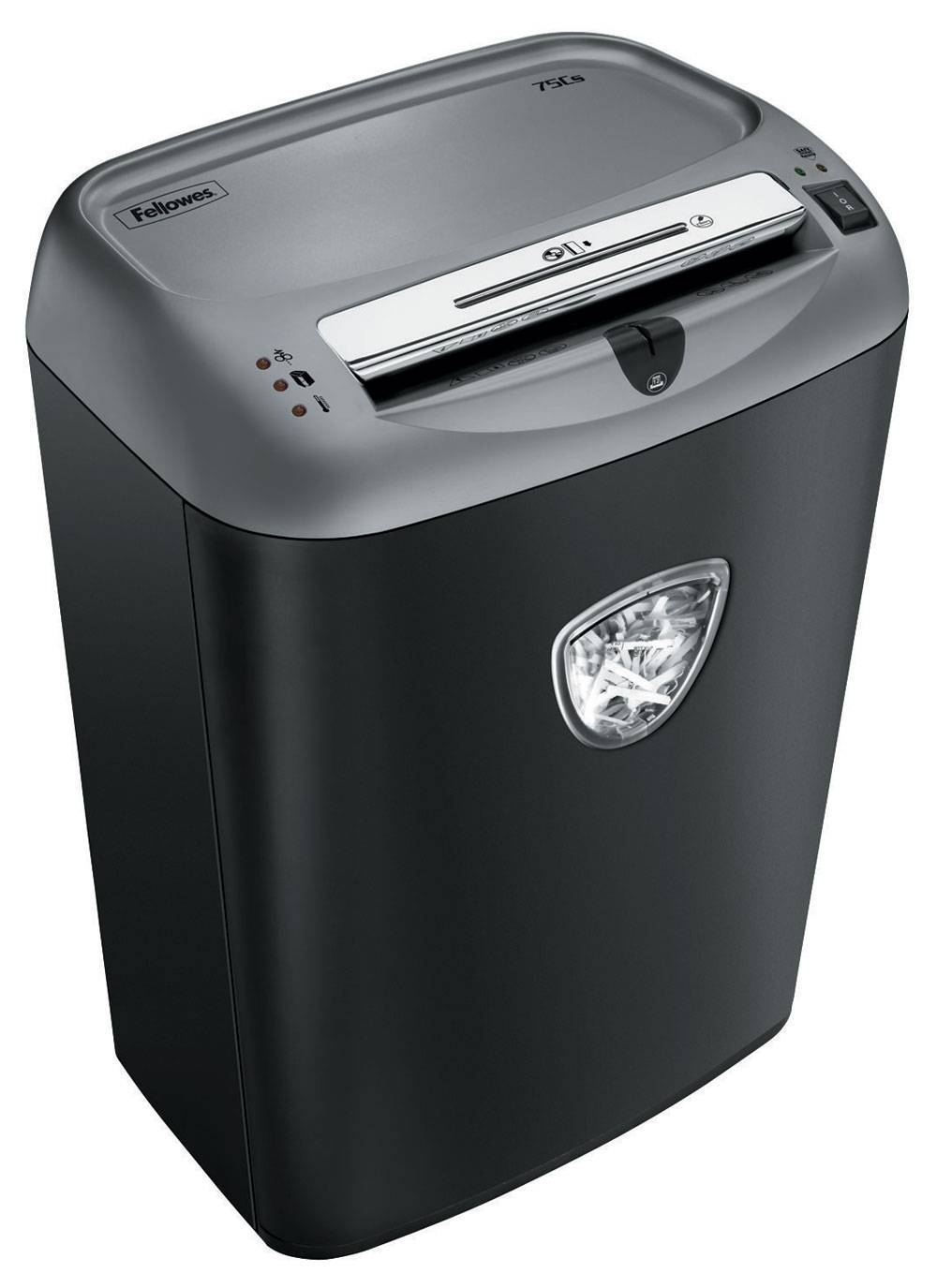 Шредер Fellowes®  75Cs.  (12 листов) , 27 литра, 4х38мм (класс 4), SafeSense™, уничтожает: скобы/скрепки/карты/CD