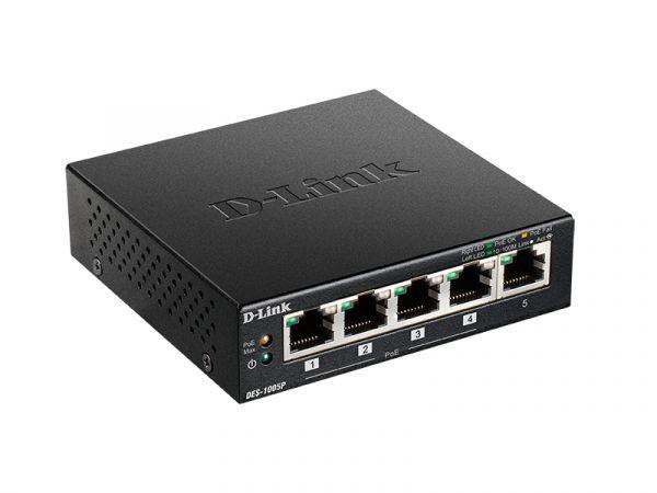 D-Link DES-1005P/B1A Неуправляемый коммутатор с 5 портами 10/100Base-TX, (4 порта PoE 802.3af/at, PoE?бюджет 60 Вт)