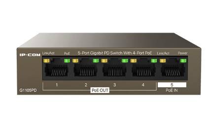 IP-COM G1105PD Коммутатор неуправляемый PoE, 5 портов, 5×1 Гбит/с, PoE 4х15,4 Вт (до 30Вт), настольный