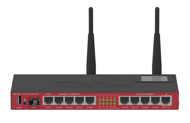 MikroTik RB2011UiAS-2HnD-IN Беспроводной маршрутизатор  2.4 ГГц, 802.11b/g/n, MIMO 2×2, 5х Gigabit Ethernet, 5x Ethernet, 1x SFP