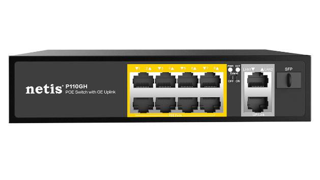 Netis P110GH 10-портовый неуправляемый PoE+ коммутатор 2*Gigabit Ethernet Uplink / 8*FE PoE+ 802.3af/802.3at / SFP порт