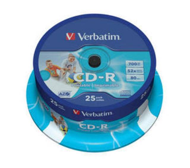 Диск CD-R Verbatim 700 Mb, 52x, Cake Box (25), DL+, Printable (25/200)