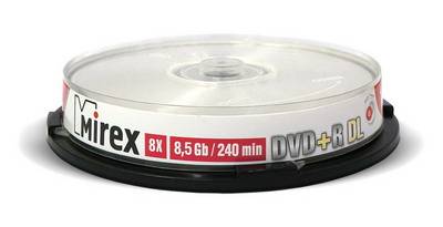 Диск DVD+R Mirex 8.5 Gb, 8x, Cake Box (10), Ink Printable, Dual Layer (10/300)