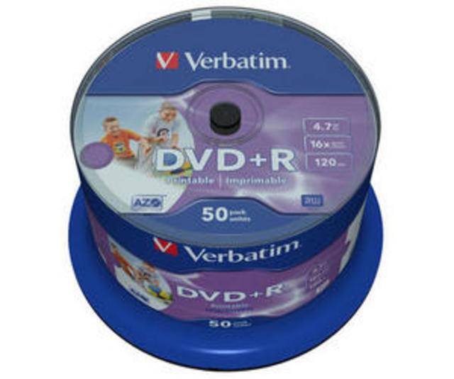 Диск DVD+R Verbatim 4.7 Gb, 16x, Cake Box (50), Printable (50/200).