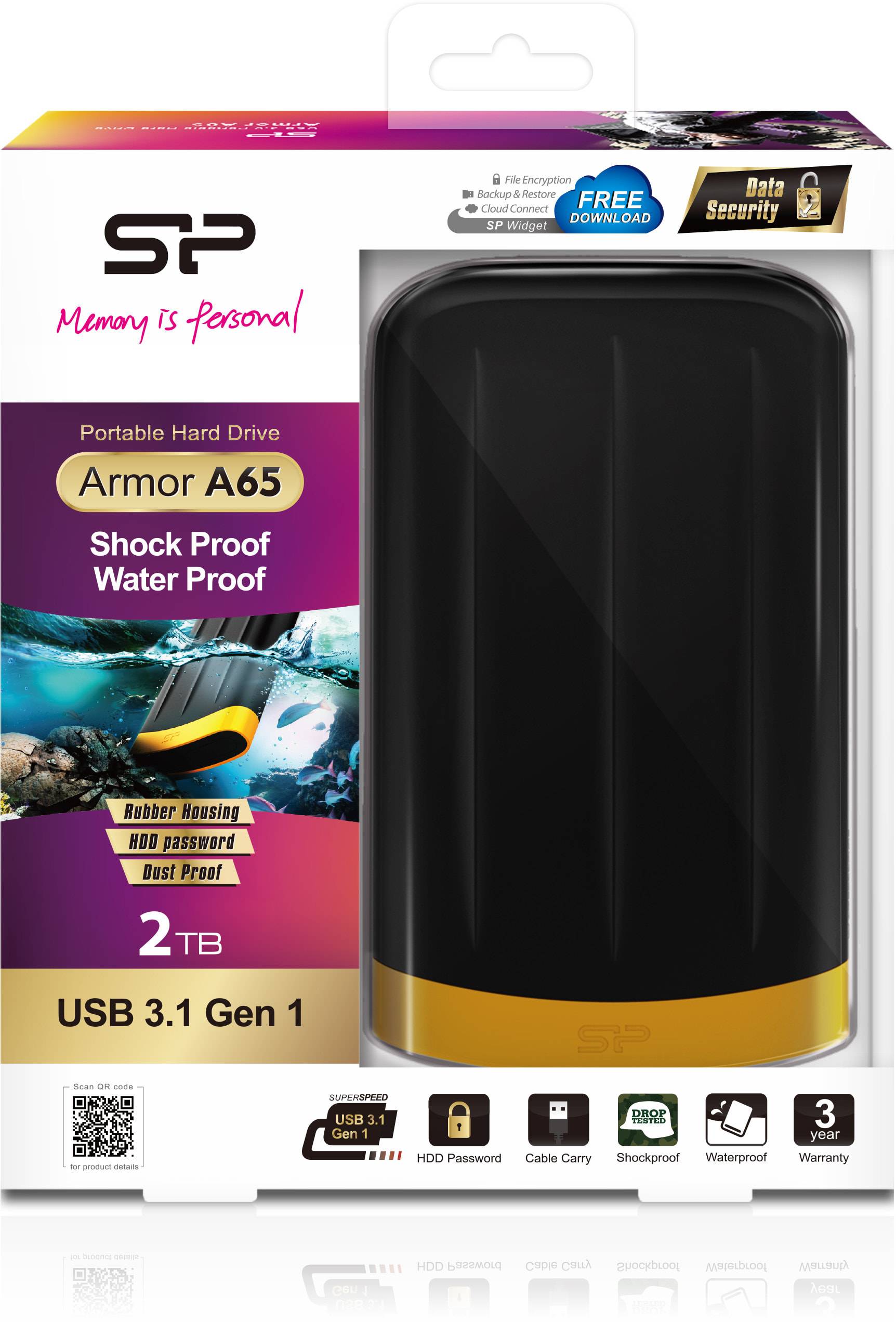 Внешний жесткий диск 2TB Silicon Power  Armor A65, 2.5″, USB 3.1, водонепроницаемый, Черный